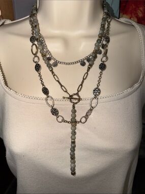Layered Silver and Gray Beaded Y-Necklace